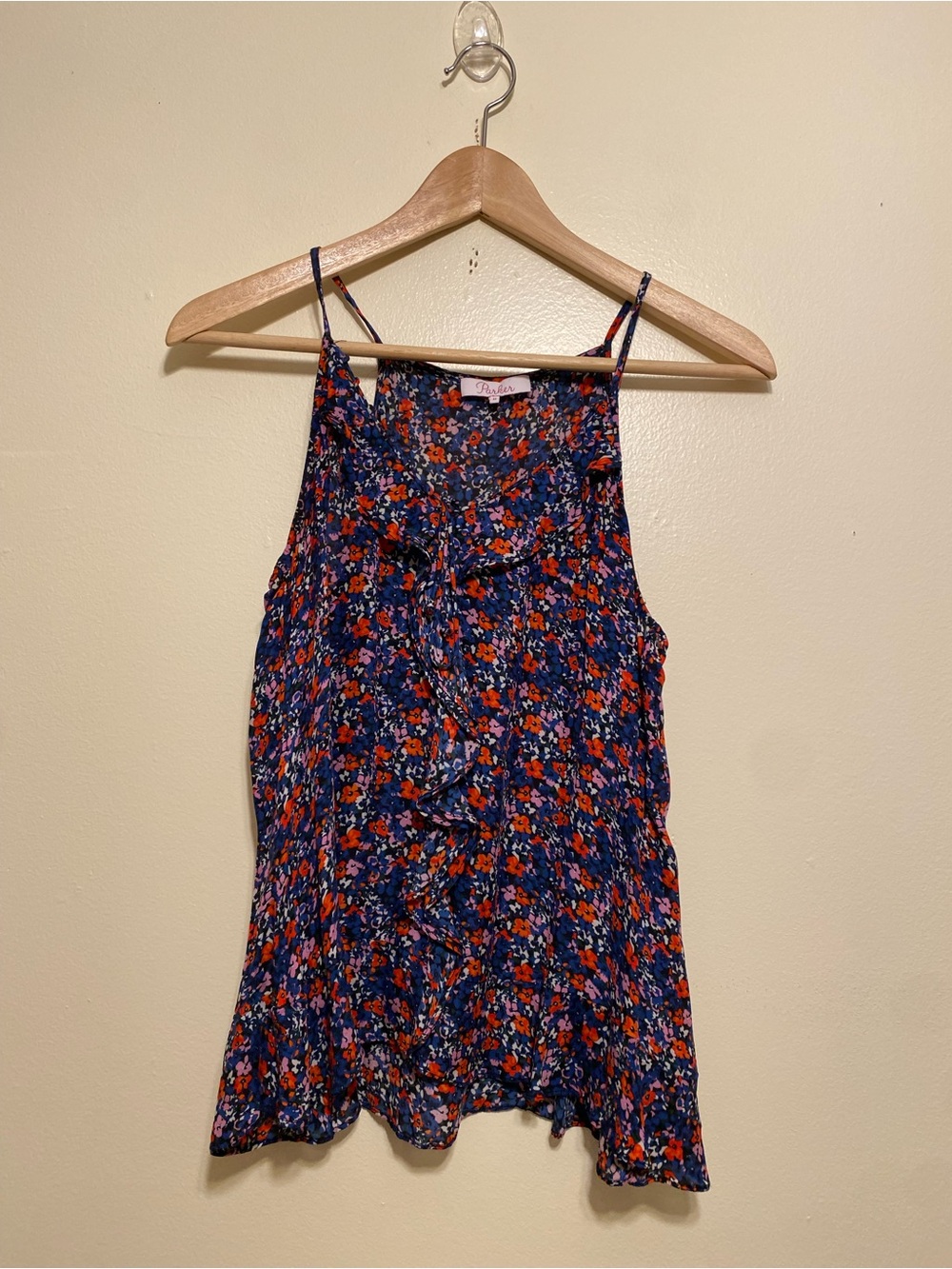 Parker Silk Blend Navy Floral Spaghetti Strap Camisole with Red Accents. Size M
